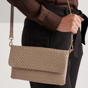 New Quince Italian Leather Handwoven Convertible Clutch Taupe